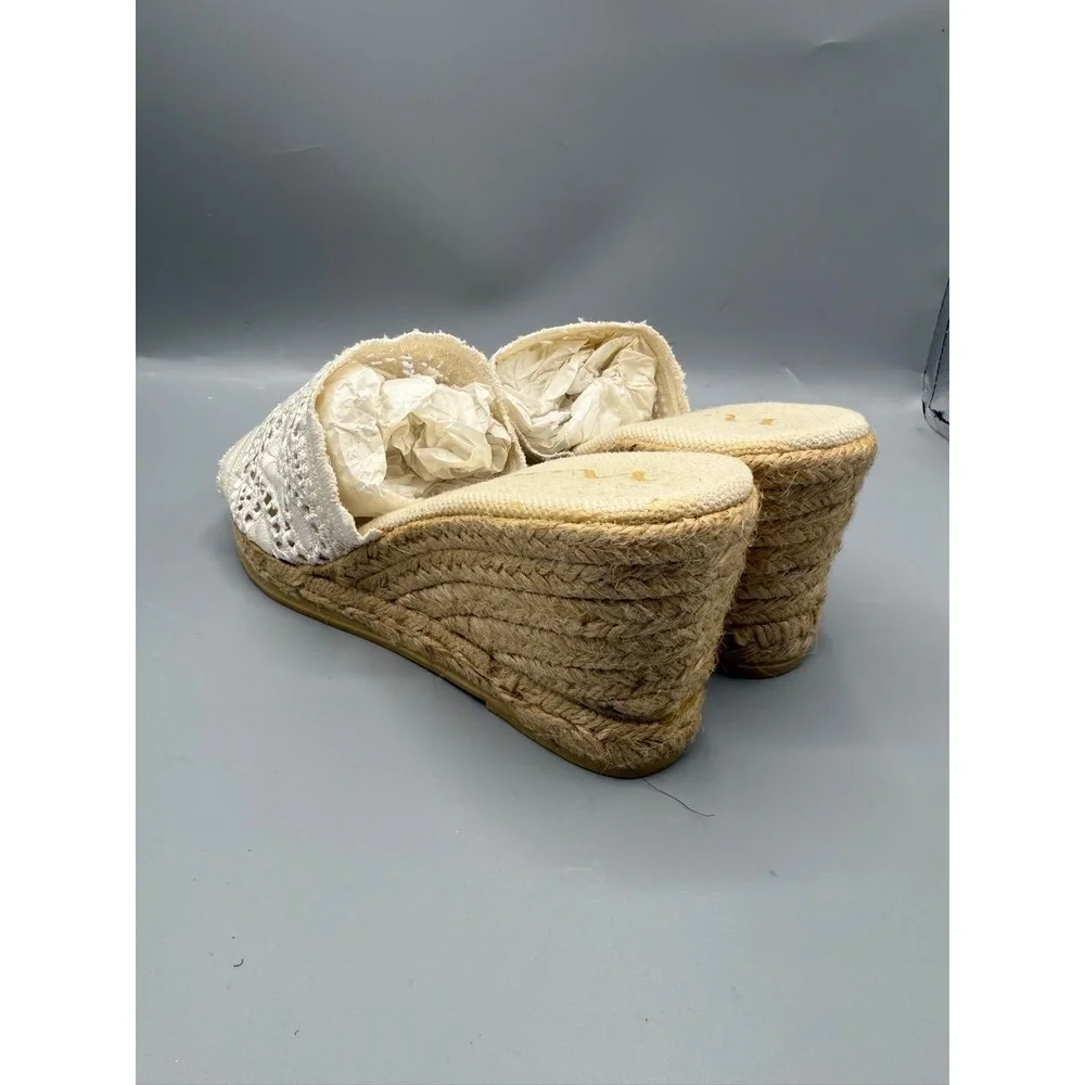 Nina‎ Espadrille Wedge Sandals 8M White Ivory Crochet Lace Open Toe Summer EUC